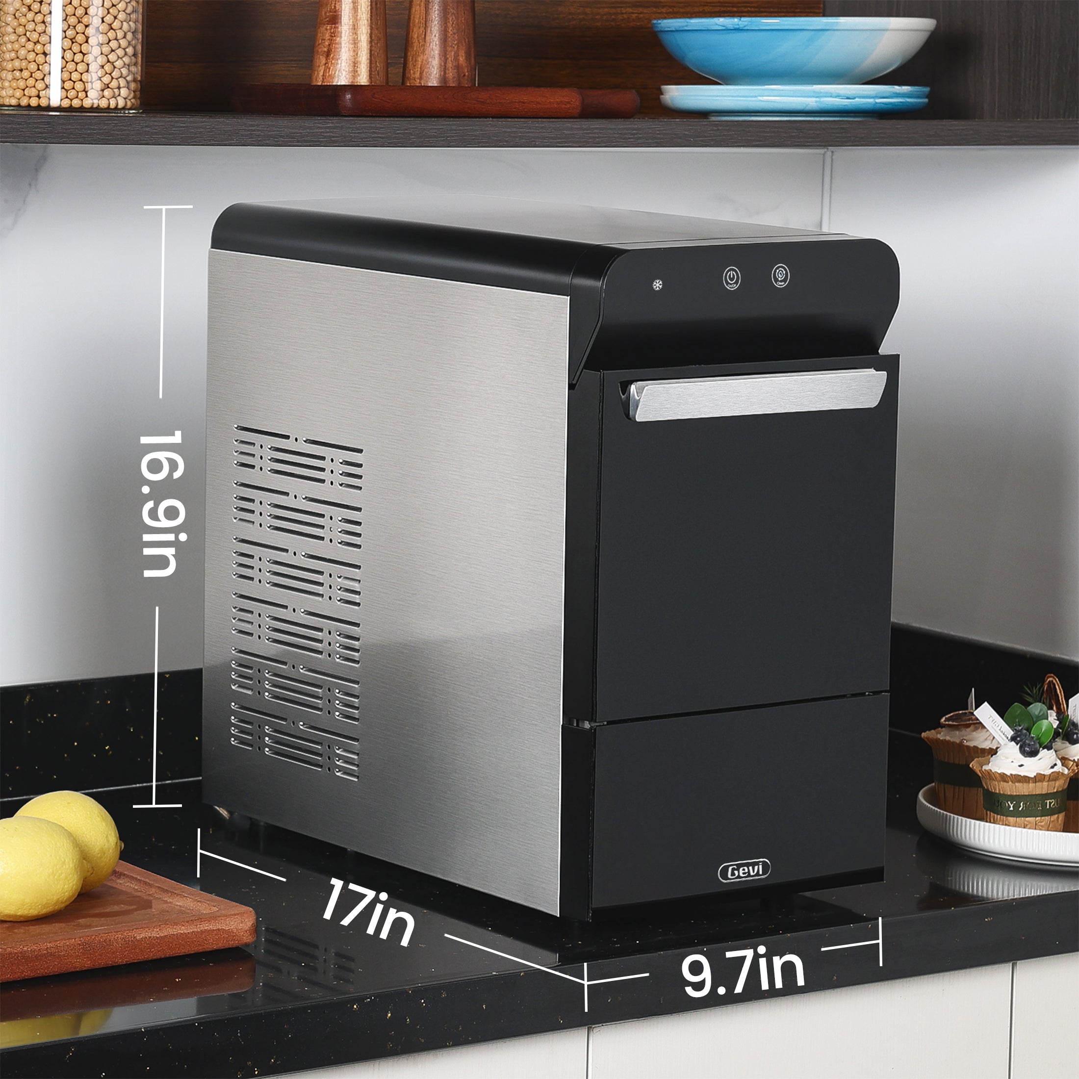 Gevi Household V2.0 Countertop Gemi Nugget Ice Maker | Self-Cleaning Pellet Ice Machine | Open and Pour Water Refill | Black