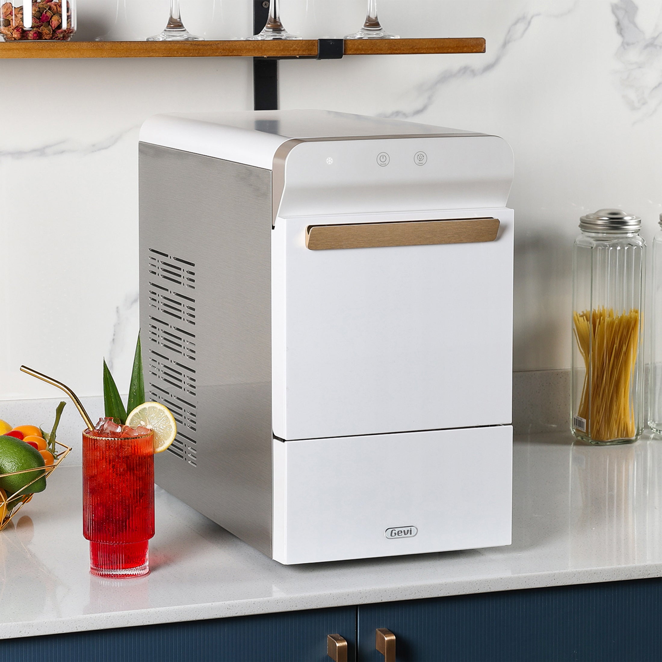 Gevi Household V2.0 Countertop Gemi Nugget Ice Maker | Self-Cleaning Pellet Ice Machine | Open and Pour Water Refill | White