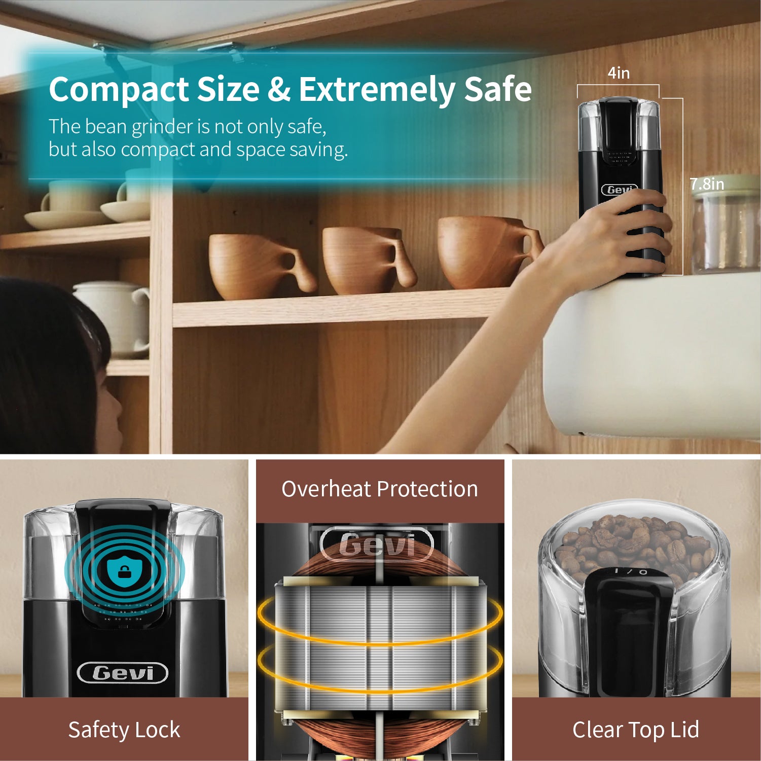 Gevi One-Touch Button Electric Coffee Grinder Coffee Bean Grinder for Coffee Espresso Latte Mochas, Noiseless Operation Coffee Serving Sets