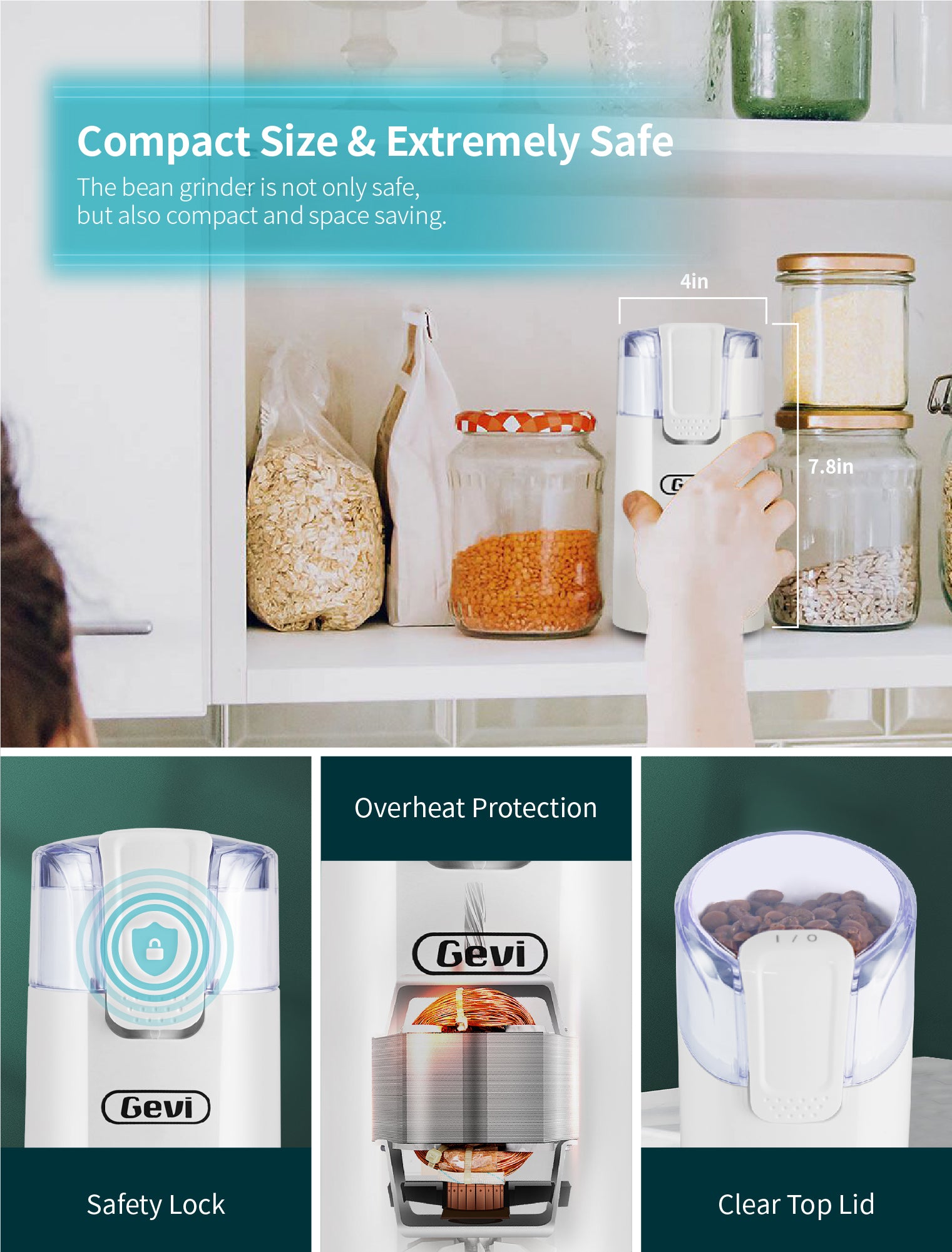 Gevi One-Touch Button Electric Coffee Grinder Coffee Bean Grinder for Coffee Espresso Latte Mochas, Noiseless Operation Coffee Serving Sets