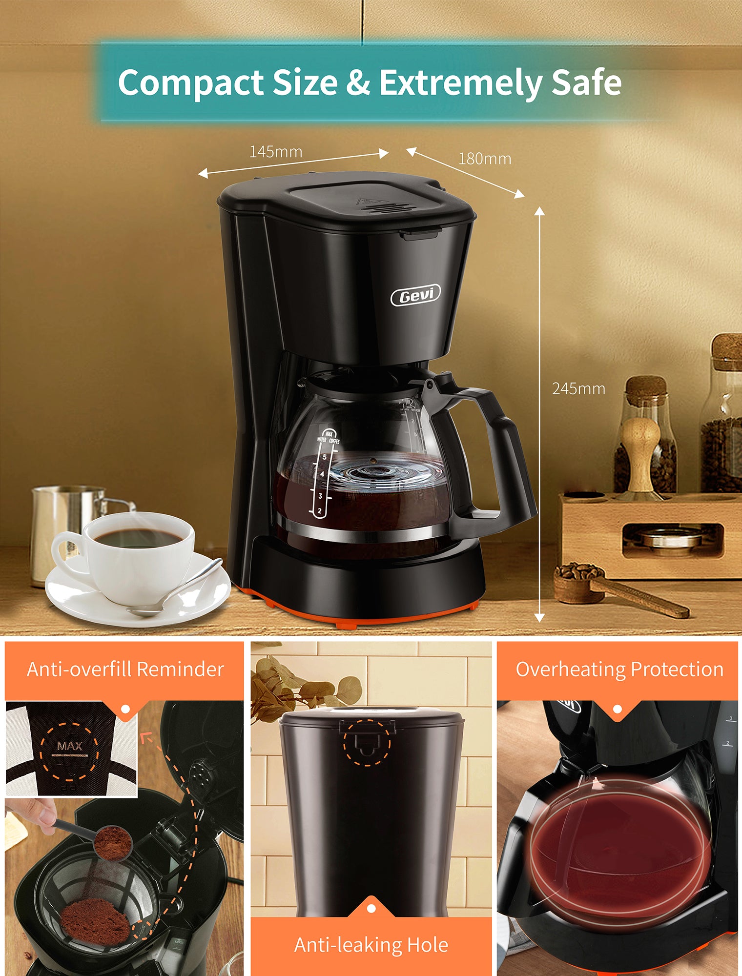 Gevi 5 Cups Small Coffee Maker, Compact Coffee Machine with Filter, Warming Plate and Coffee Pot,New Condition