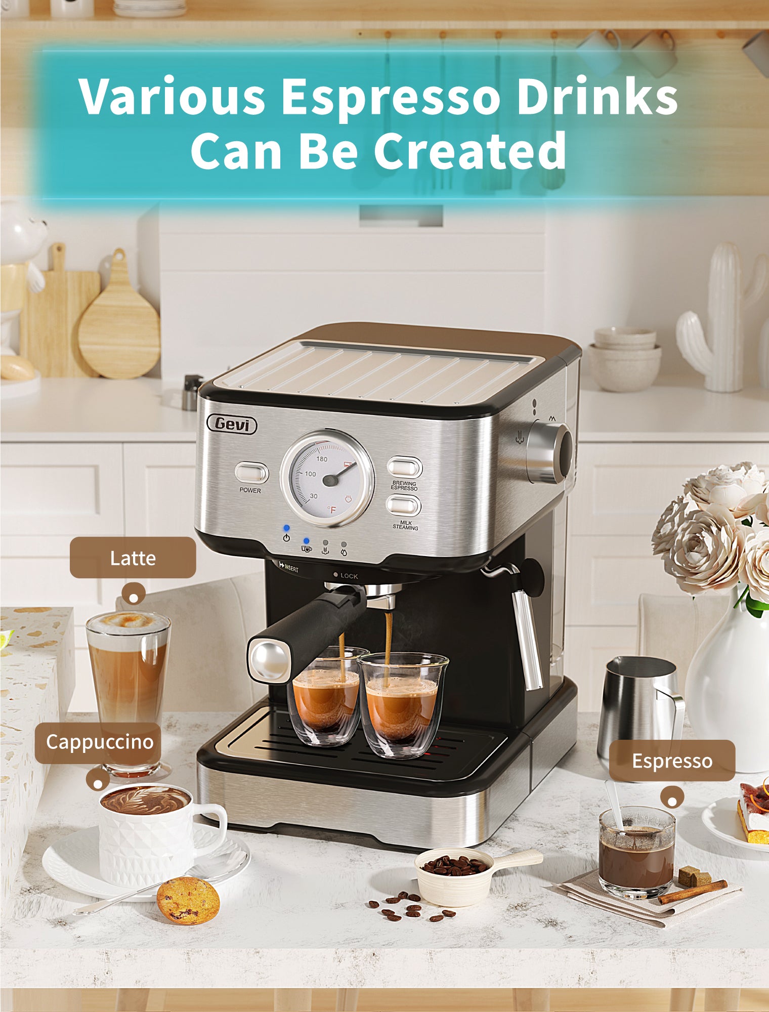 Gevi Espresso Machine High Pressure,Compact Espresso Coffee Machines with Milk Frother Steam Wand,Professional Coffee,Cappuccino,Latte Maker