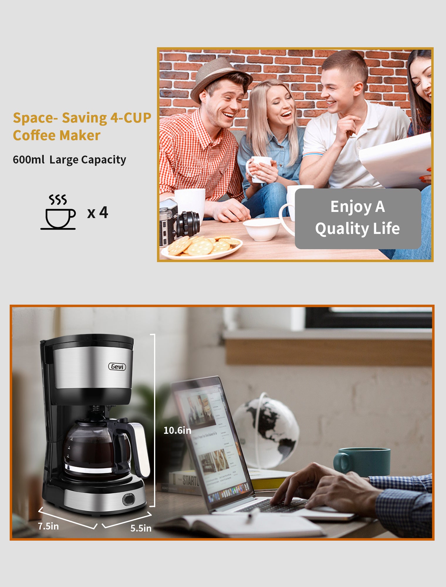 The 4-cup Small Compact Drip Brewed Coffee Maker Machine With Cone Filter & Glass Carafe & Hot Plate & Water Tank Gevi Household