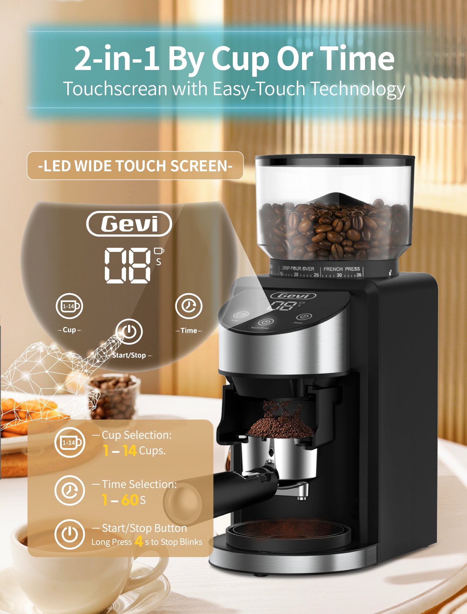 Sboly Flat Burr Coffee Grinder - 35 Grind Settings For Espresso, French Press, Drip & More (130g Capacity)
